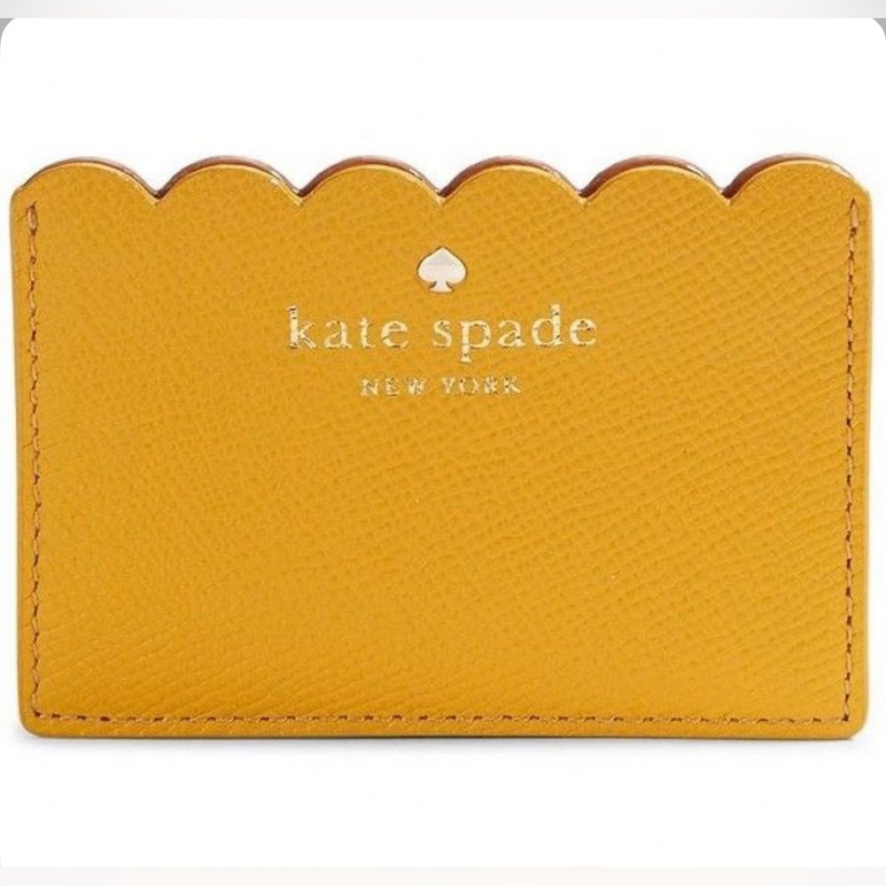 Kate Spade Scalloped Card Holder in Two Tone Yellow & Tan Pebbled Leather EUC